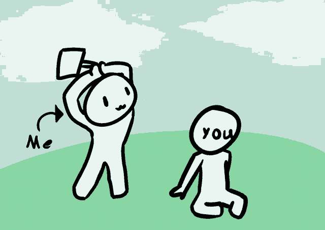 a drawing of a person holding a sign that says me and another person holding a sign that says you