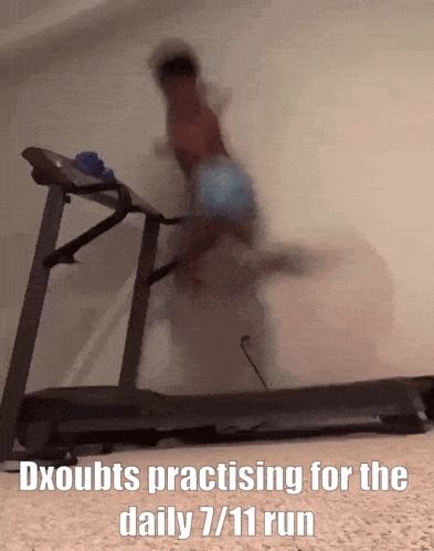 a person is running on a treadmill with the words dxoutts practising for the daily 7/11 run