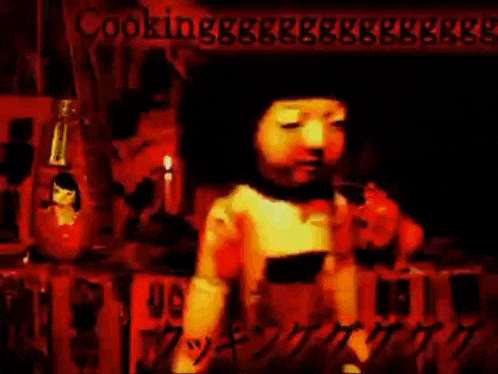 a dark room with a sign that says " cooking " on it