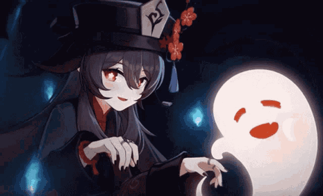 a girl in a hat is standing next to a white ghost .