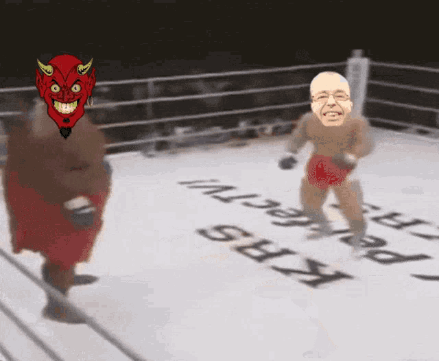 a cartoon of a devil and a man in a boxing ring with krs written on the floor