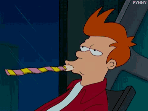 fry from futurama is blowing a party horn .