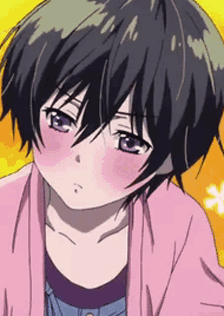 a girl with short black hair and purple eyes is wearing a pink jacket