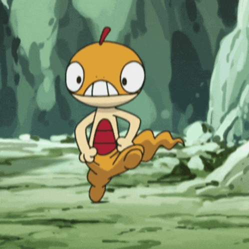 a cartoon character with big eyes and a red head is running