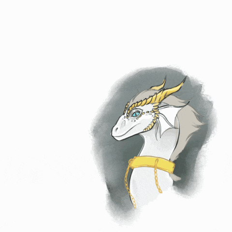 a drawing of a white dragon with a gold collar