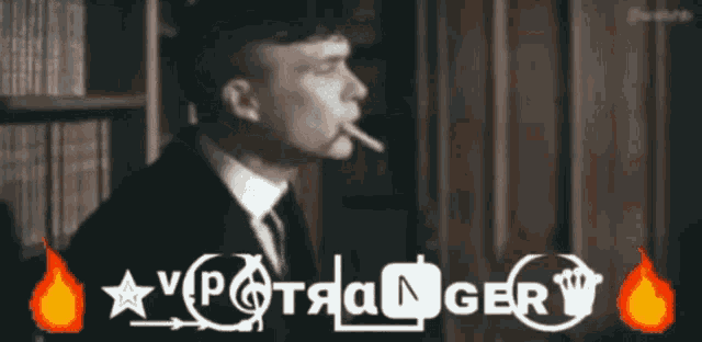 a man in a suit and tie smoking a cigarette with the word danger written on the bottom right