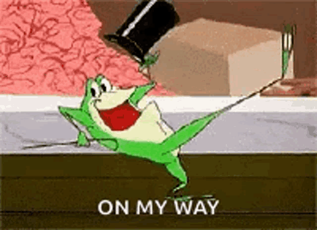 a cartoon frog is dancing on a table with the words `` on my way '' above it .
