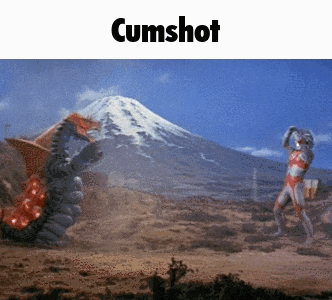a picture of a man fighting a monster with the words cumshot above it