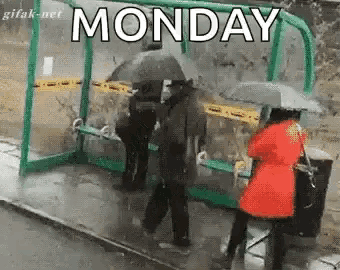 a group of people standing under umbrellas at a bus stop on monday .
