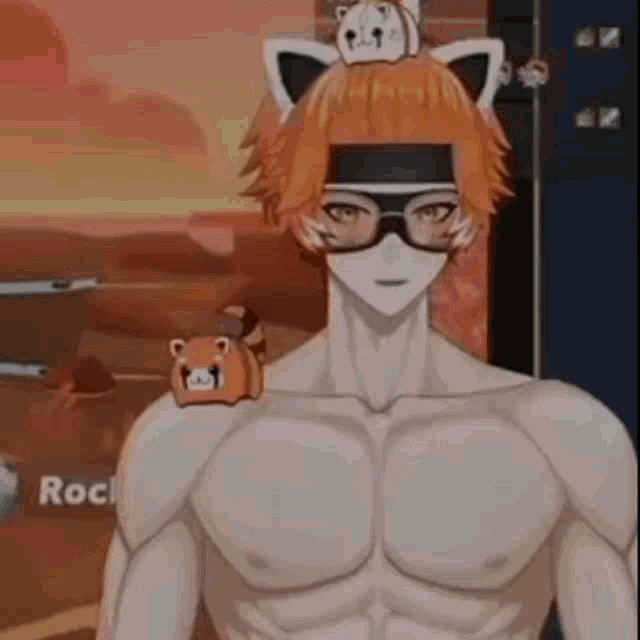 a shirtless anime character with a hamster on his shoulder and a cat ear headband .
