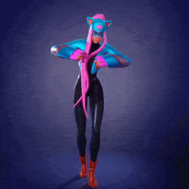 a cartoon character with long pink hair and a blue cat mask