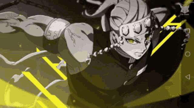a black and white anime character is flying through the air with a yellow light behind him .