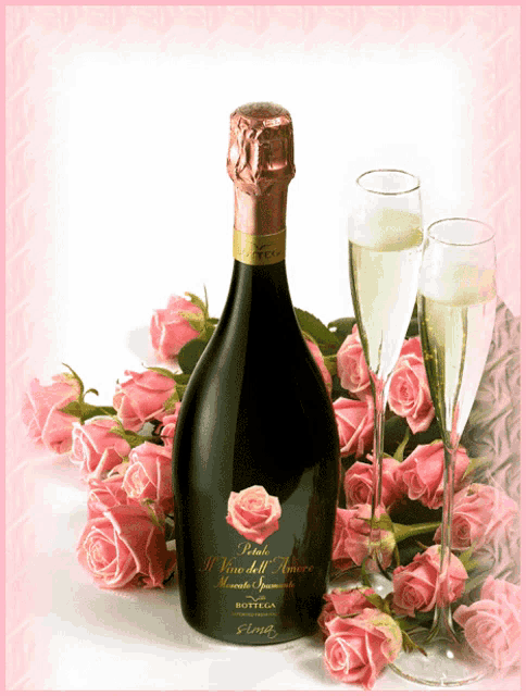a bottle of bottega champagne surrounded by pink roses and champagne glasses