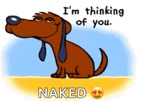 a cartoon dog is sitting on a beach and says `` i 'm thinking of you naked '' .