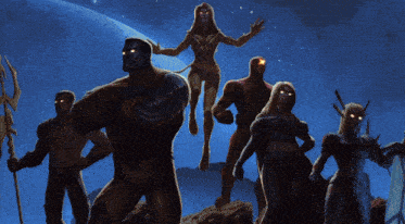 a group of superhero characters are standing on top of a hill