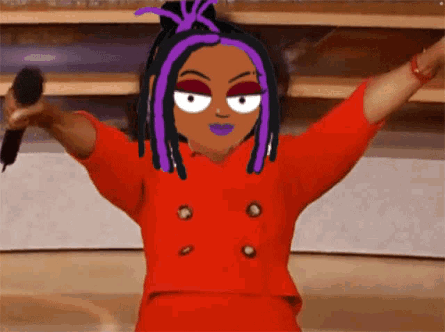a cartoon of a woman in a red jacket holding a microphone with her arms outstretched