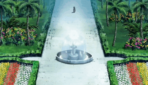 a fountain in the middle of a garden with palm trees and flowers