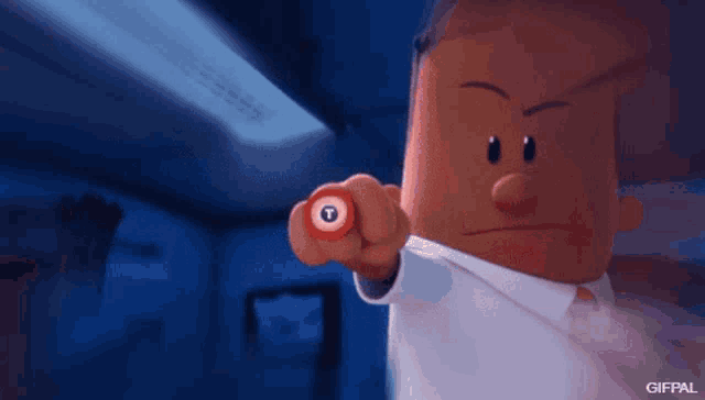 a cartoon character is pointing at the camera with a t on his finger