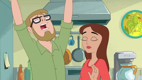 a cartoon of a man and woman in a kitchen with pots and pans