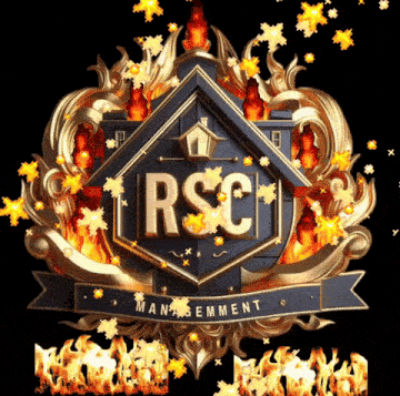 a logo for rsc management with fire coming out of it