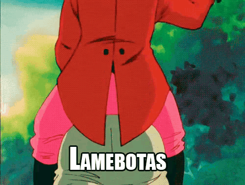 a man in a red jacket is carrying a woman in pink pants and the word lamebotas is on the bottom of the image