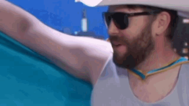 a man with a beard wearing sunglasses and a hat