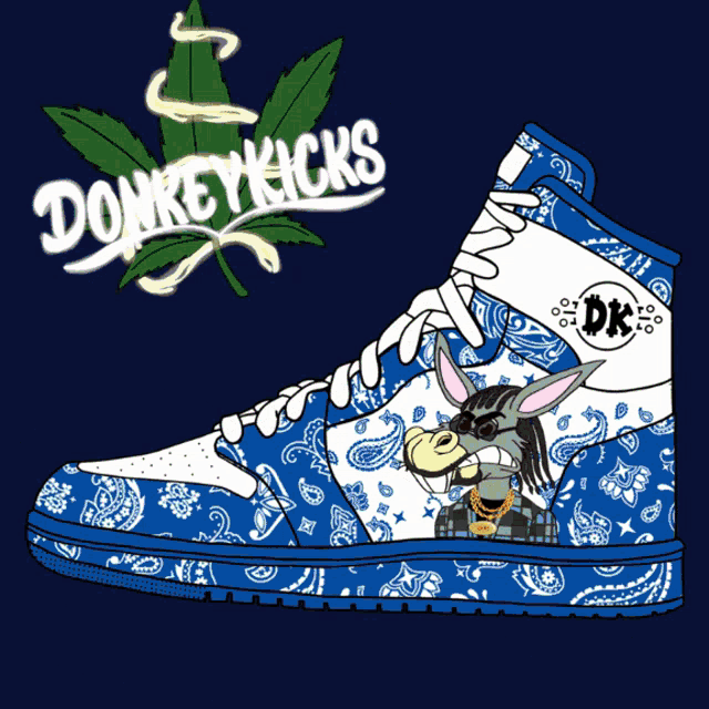 a drawing of a donkey kicks shoe with a marijuana leaf behind it