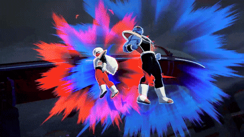 two fighters are fighting in a video game with red and blue explosions behind them