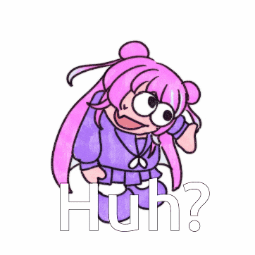 a cartoon of a girl with pink hair and the words huh written below her