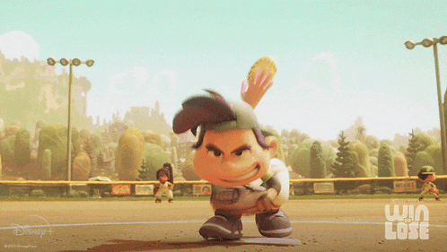 a cartoon character is standing on a baseball field with the words win and lose on the bottom