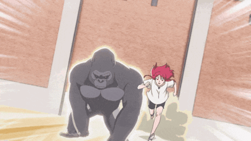 a girl is running away from a gorilla
