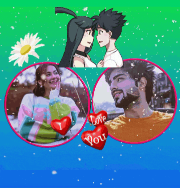 a man and a woman are surrounded by hearts that say love you