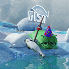 a green cat wearing a party hat is holding a fish in a pool of water