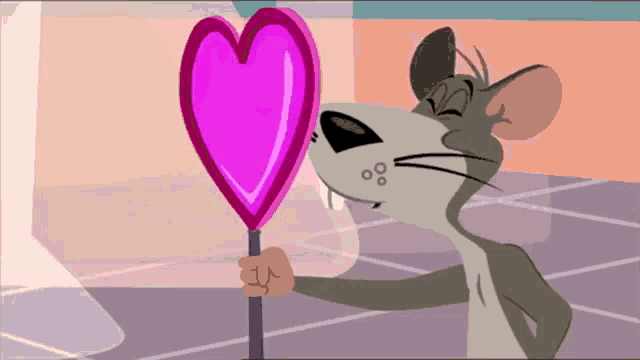 a cartoon mouse is holding a pink heart in his mouth