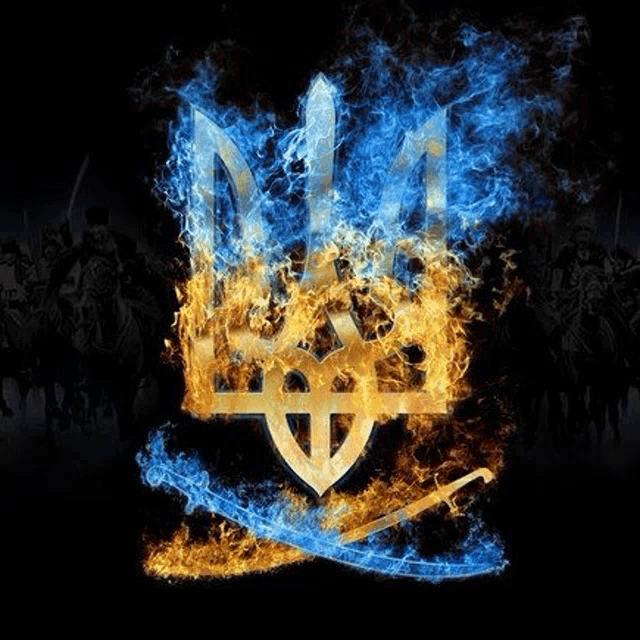 a blue and yellow symbol with a sword and shield is surrounded by flames on a black background .