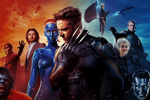 a movie poster for x-men shows a woman in blue and a man in a black suit
