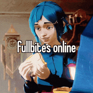 a girl with blue hair is holding a piece of bread and the words fullbites online are above her