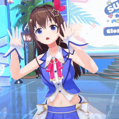 a girl in a blue dress is standing in front of a sign that says gloss