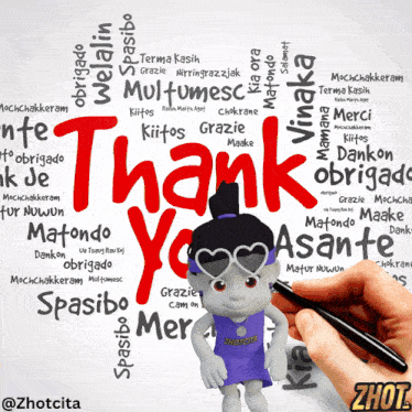 a cartoon character is standing in front of a thank you word cloud