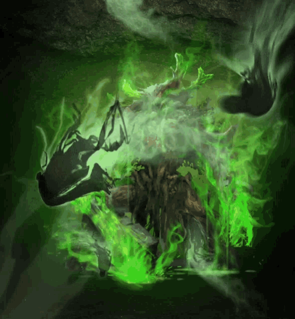 a painting of a monster surrounded by green flames and smoke