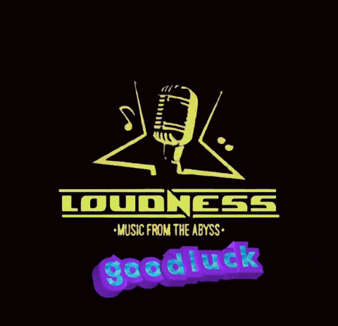 a logo for loudness music from the abyss with a microphone and guitar