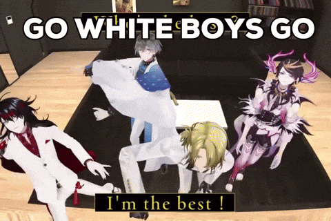 a group of anime characters are dancing in a living room with the words go white boys go i 'm the best
