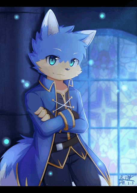 a drawing of a blue furry character with the year 2018 on the bottom