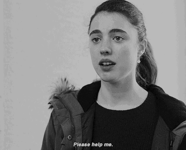 a black and white photo of a woman with the words please help me below her