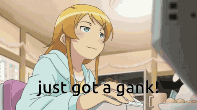 a girl is sitting at a desk with the words just got a gank