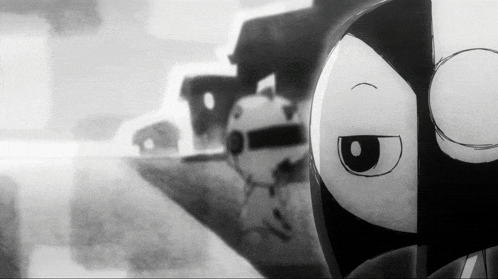 a black and white drawing of a cartoon character in a mask
