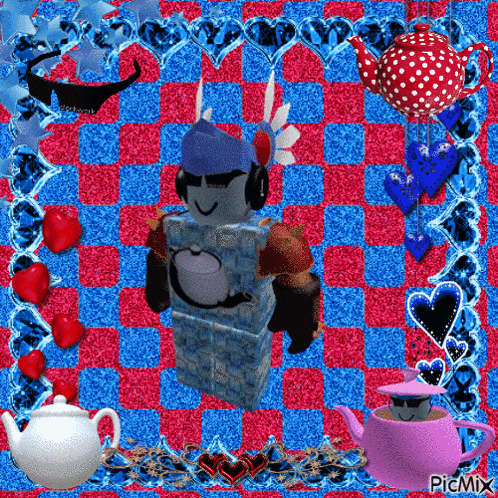 a picture of a robot surrounded by hearts and teapots with the words picmix at the bottom