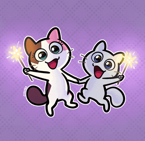 a cartoon drawing of two cats holding sparklers with a purple background and the letters o and a on the bottom