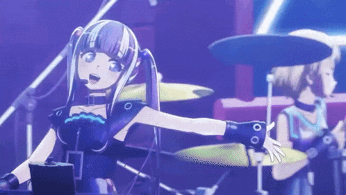 two anime girls are playing drums and singing on a stage .