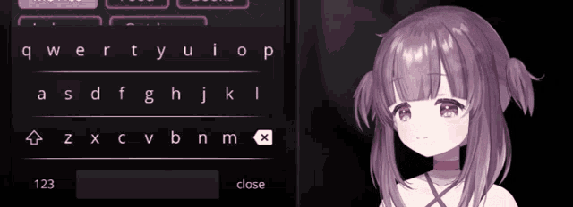 a girl with purple hair is standing in front of a keyboard that says close